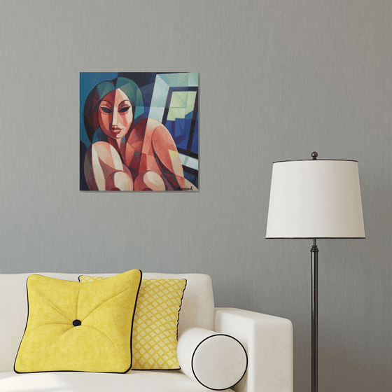 Waiting (50x50cm, cubism, oil painting, ready to hang)