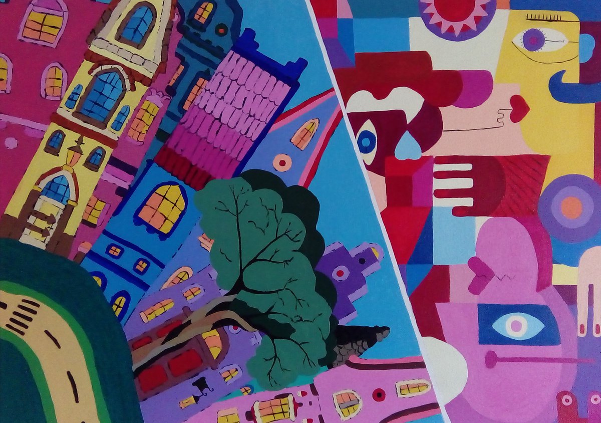 Abstract Acrylic Painting By Corinne Hamer, 23 X 17, Lipstick Houses, Original Artwork