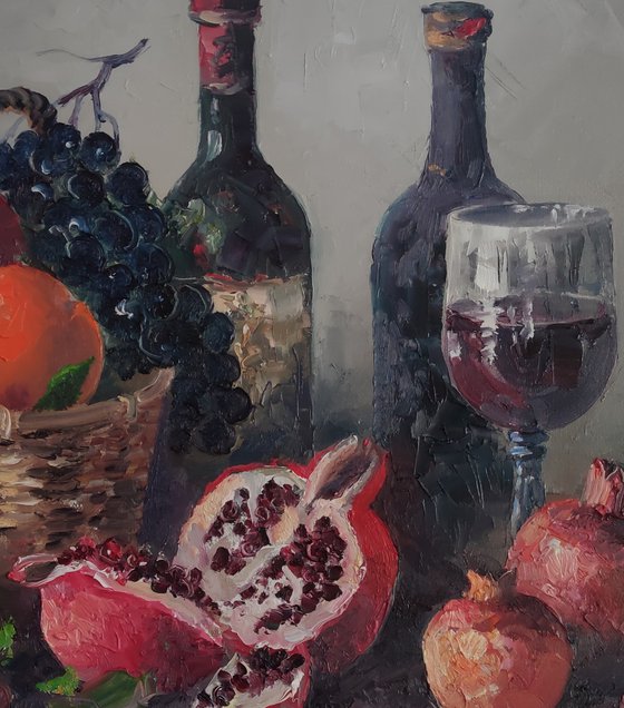 Still life fruits and wine (50x70cm, oil painting,  ready to hang)