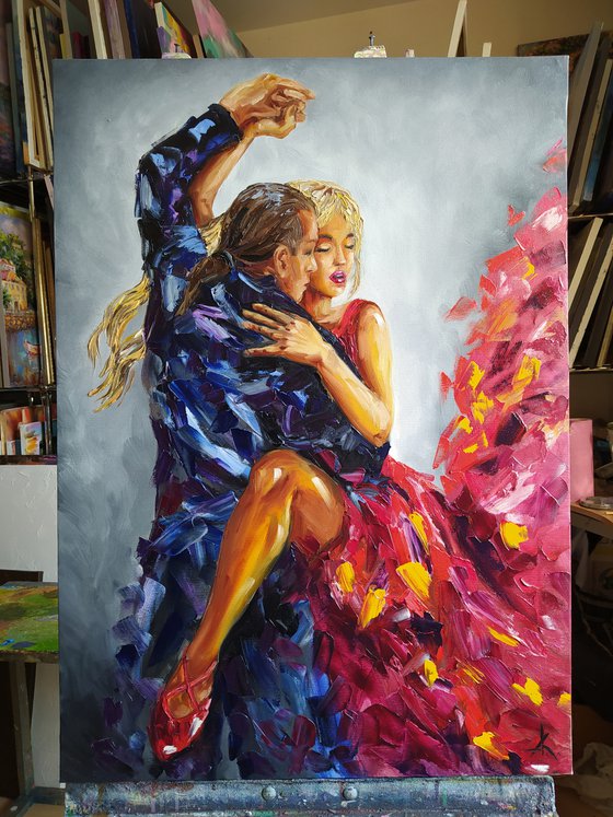 Flame - dance, oil painting, flamenco, tango, passion, fire, dancers oil painting