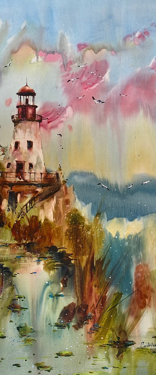 Watercolor “The Old lighthouse. Sulina” perfect gift by Iulia Carchelan