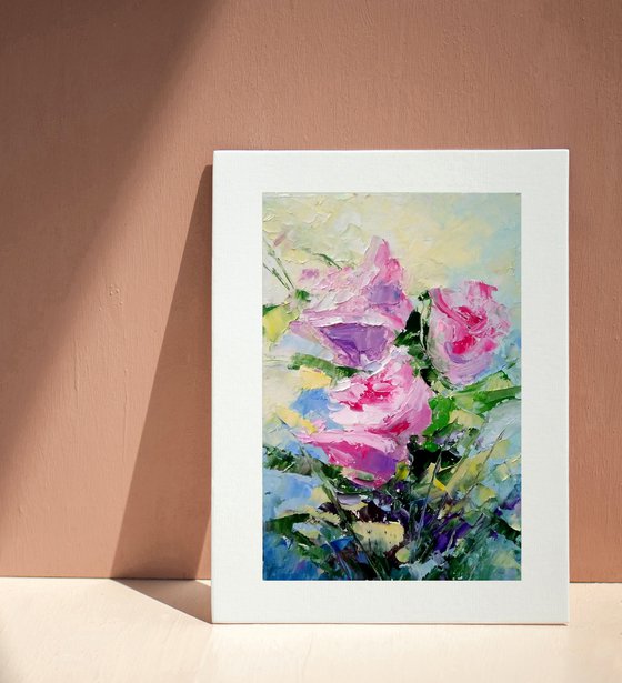 Pink Roses Painting Floral Original Art Small Oil Artwork Flower Wall Art