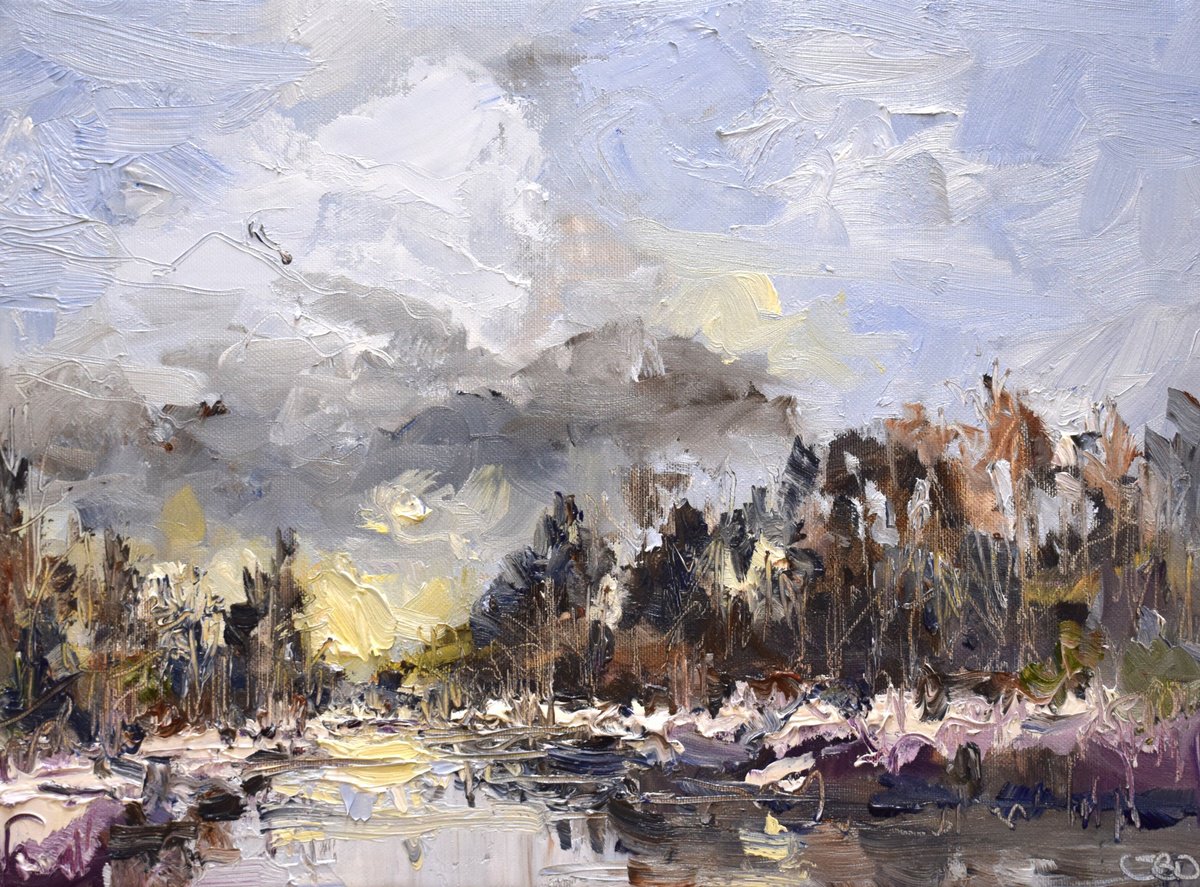 Impressionistic Landscape Oil Painting By Sonja Brussen, 17 X 13", Morning Snow, Original Artwork