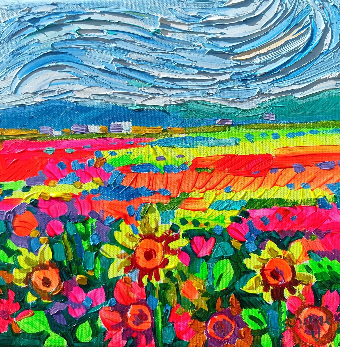 Expressive Landscape Oil Painting By Vanya Georgieva, 10 X 10", Sunny Fields 5, Original Artwork