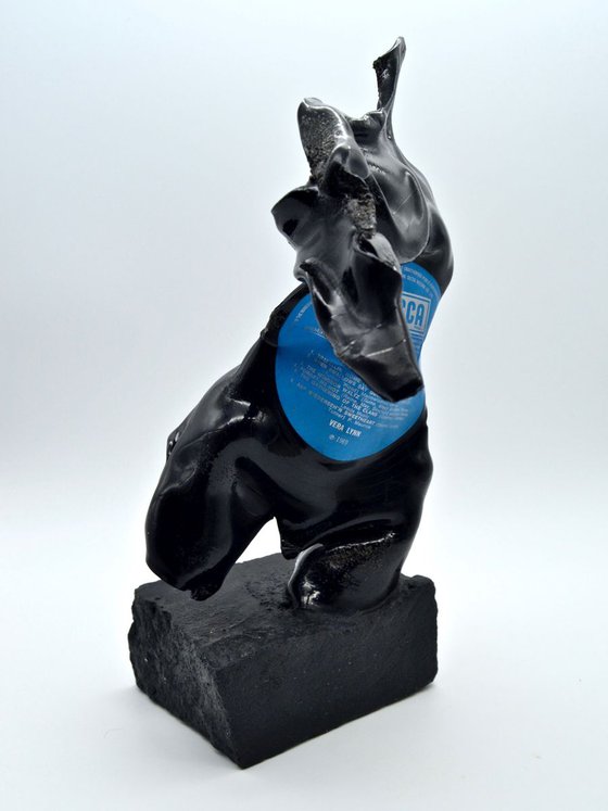 Male Figurative Sculpture, Vinyl Music Record on Black Stone, Vera Lynn