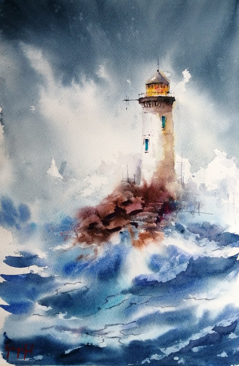 Impressionistic Landscape Watercolour By Giorgio Gosti, 14 X 21, Lighthouse 33, Original Artwork