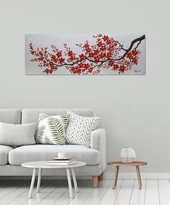 Original Red Cherry Blossom Painting, Abstract Blossom Tree Art, Impasto Floral Art