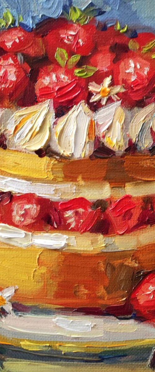 Strawberry cake - Original oil painting by Natalia Miasnikova