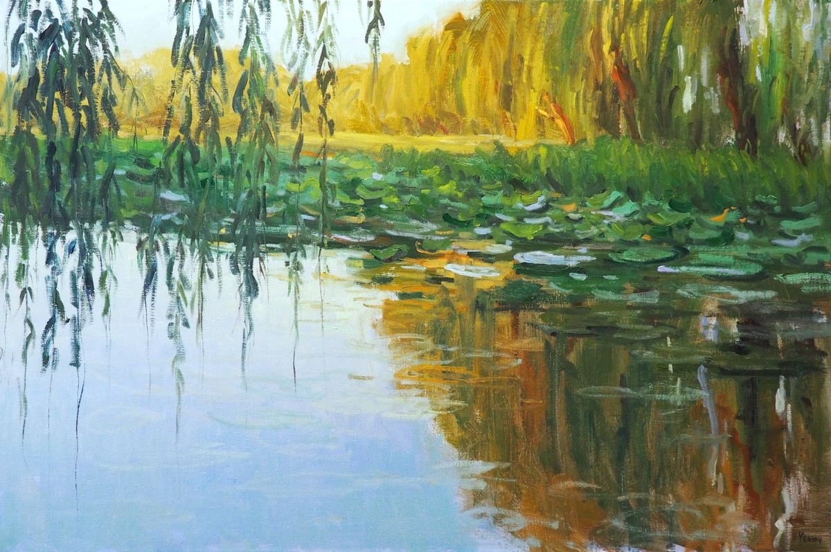 Impressionistic Landscape Oil Painting By Yuanyuan Liu, 35 X 24", Lotus Leaves, Original Artwork