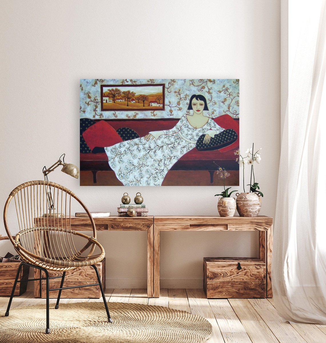 Impressionistic Portrait Oil Painting By Karen Rieger, 60 X 40", Reclining Woman With Landscape, Original Artwork