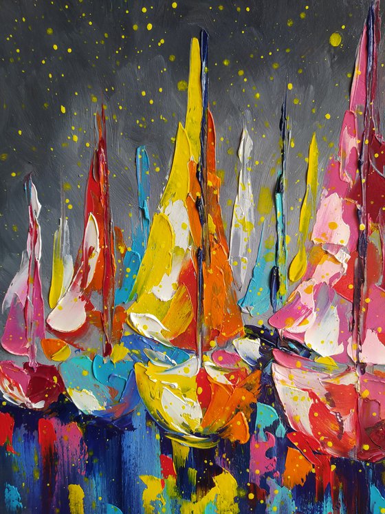Yachts under the starry sky - yacht, oil painting, yacht club, sea with yachts, yacht original painting, seascape, sea with yachts, yacht original painting, gift, impressionism, palette knife