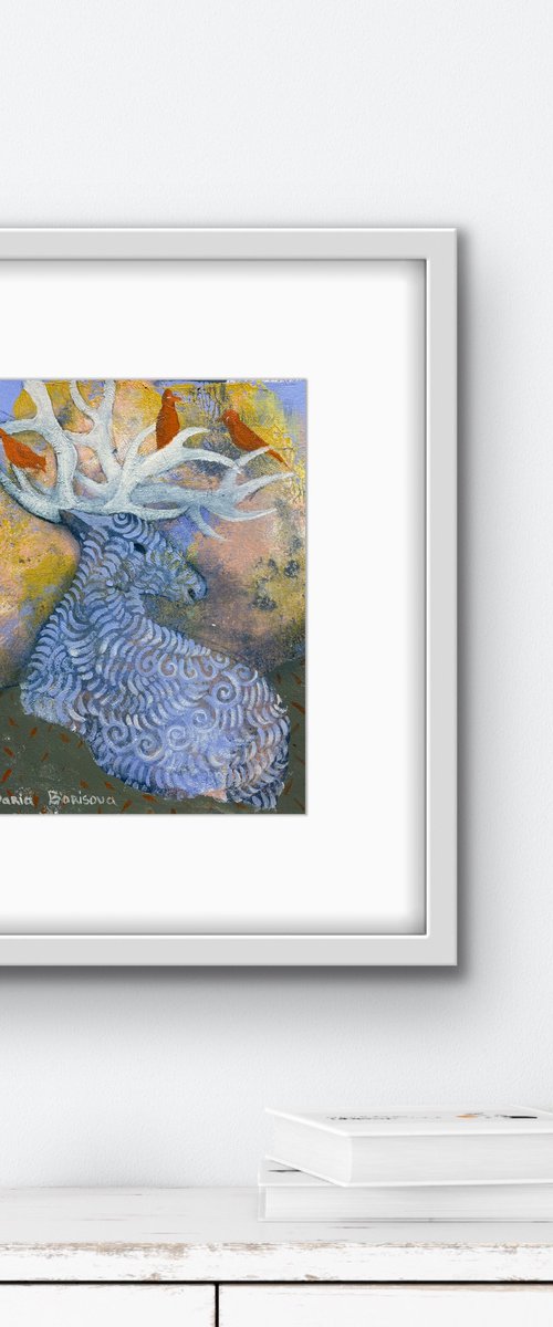 Blue Deer. Acrylic painting on paper, 8 x 10 in by Daria Borisova