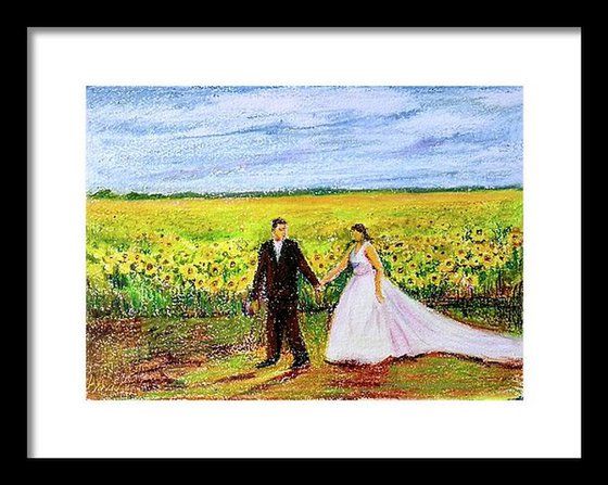 Newlyweds in a romantic Sunflower field