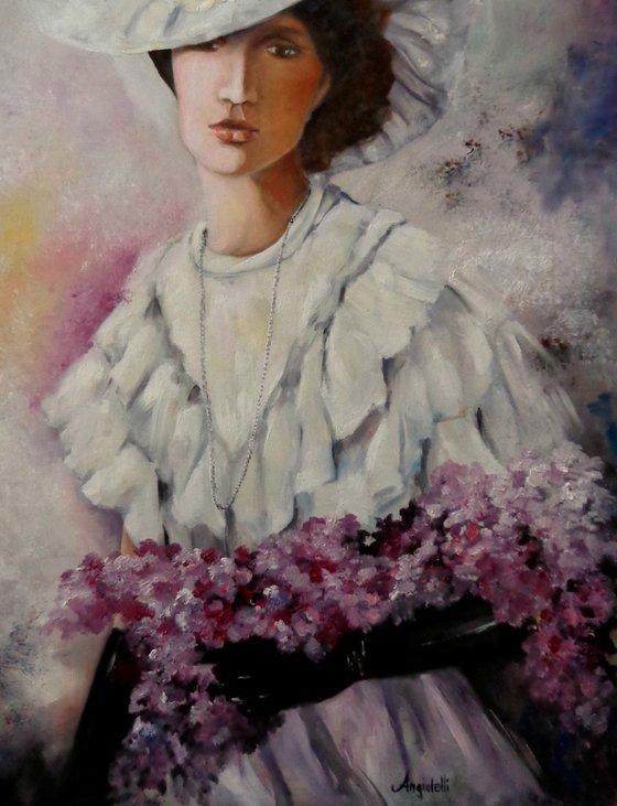 Lady with purple flowers