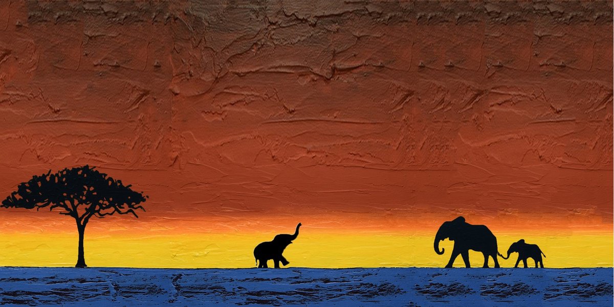 Abstract Animal Acrylic Painting By Stuart Wright, 39 X 20", Elephants Of The Sudan, Original Artwork