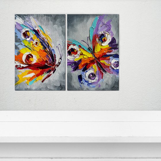 Оne life for two -  diptych, diptych butterfly, insects, oil painting, butterfly, butterfly art, gift, art