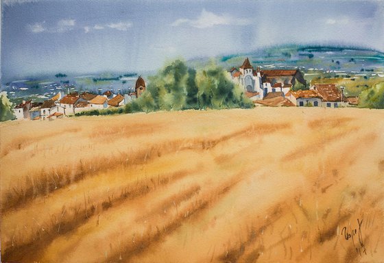 August in French village. Original watercolor. Small painting landscape field fall nature