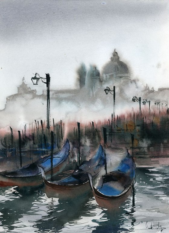 Venice and fog cityscape watercolor painting
