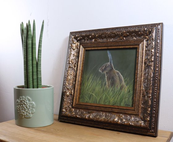 Hare Painting, Animal Artwork, Bunny, Nature Wall Decor Framed and Ready to Hang Oil Painting by Alex Jabore