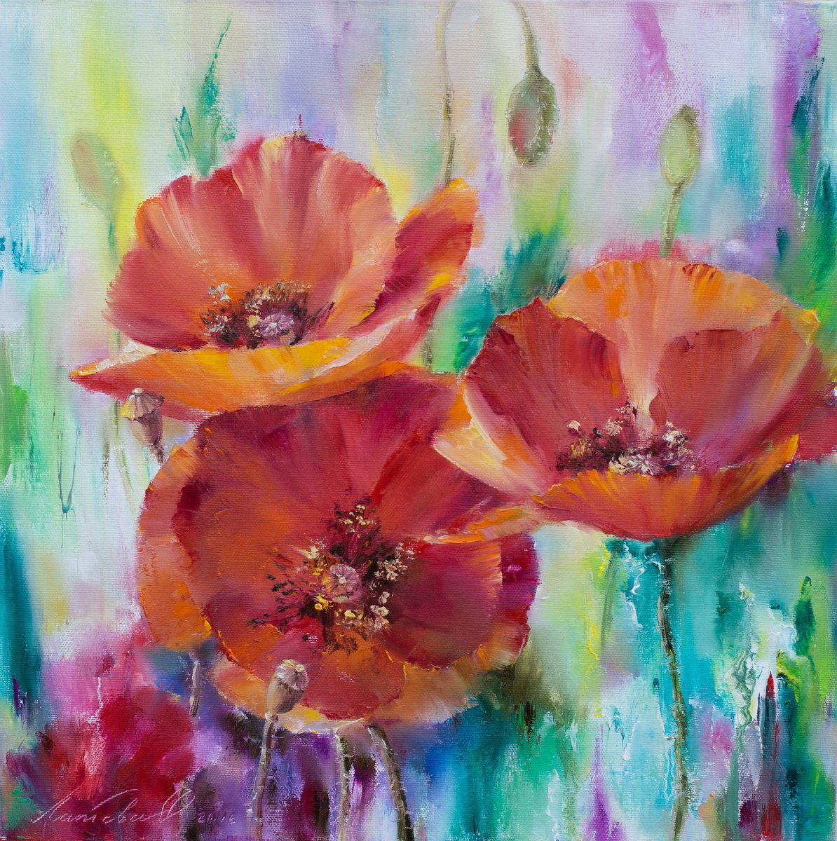 Expressive Botanical Oil Painting By Olha Laptieva, 16 X 16", Bright Summer. Poppies 1., Original Artwork