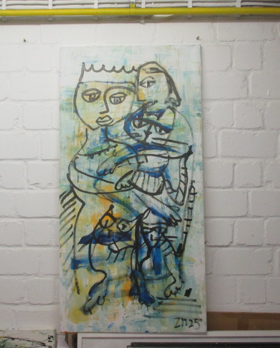 Expressive Portrait Acrylic Painting By Sonja Zeltner-Muller, 24 X 47", Cat And Queen, Original Artwork