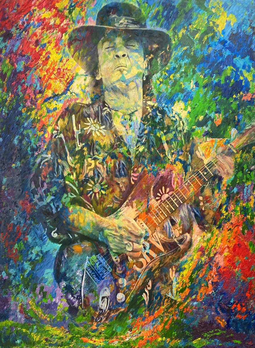 Impressionistic Portrait Oil Painting By Kenneth Halvorsen, 54 X 72", Stevie Ray Van, Original Artwork