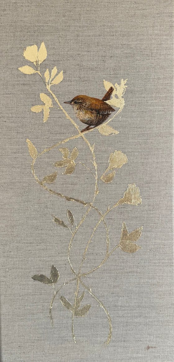 Wren on Gold leaf Ornamental Rose