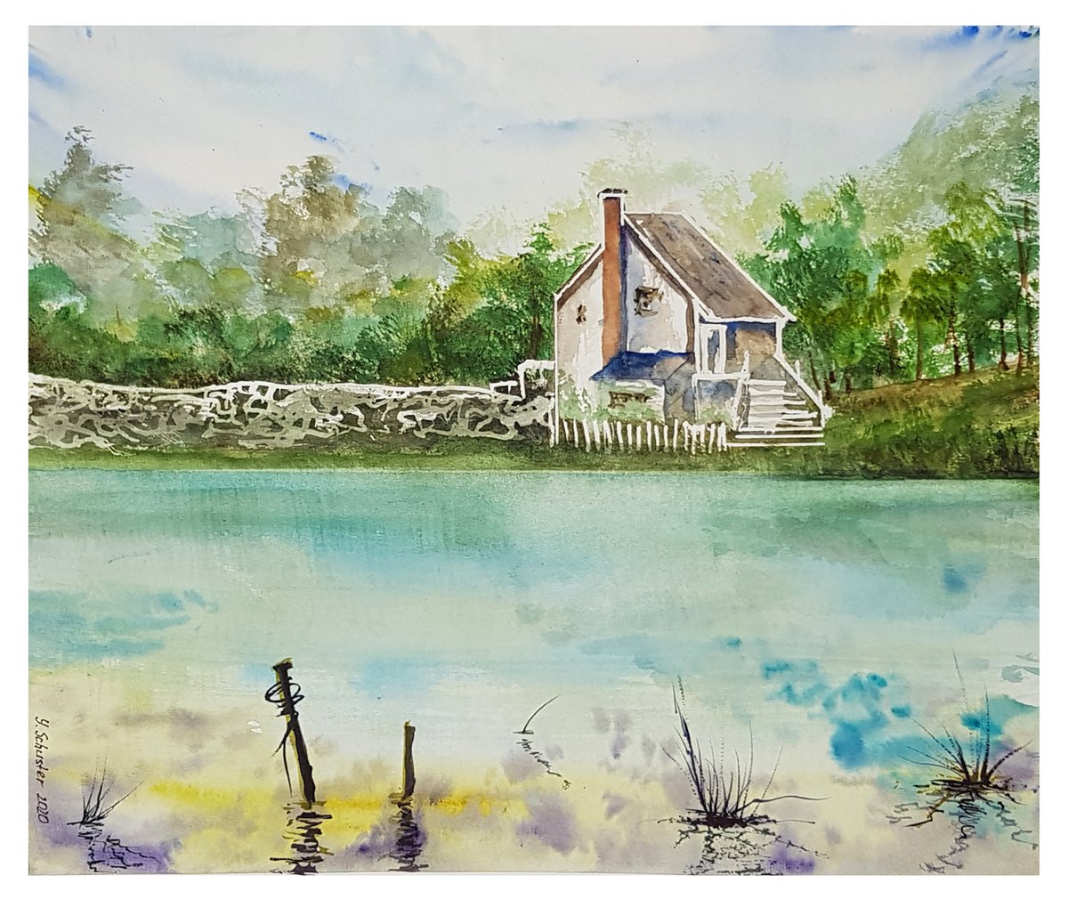 Impressionistic Landscape Watercolour By Yulia Schuster, 14 X 12", Calm Place, Original Artwork