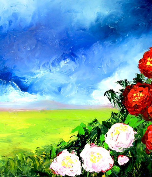 White and red camellia flowers. Original landscape oil painting on canvas. by Olya Shevel