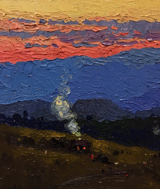 Evening in Mountains. Ukrainian Carpathian Oil painting Palette knife