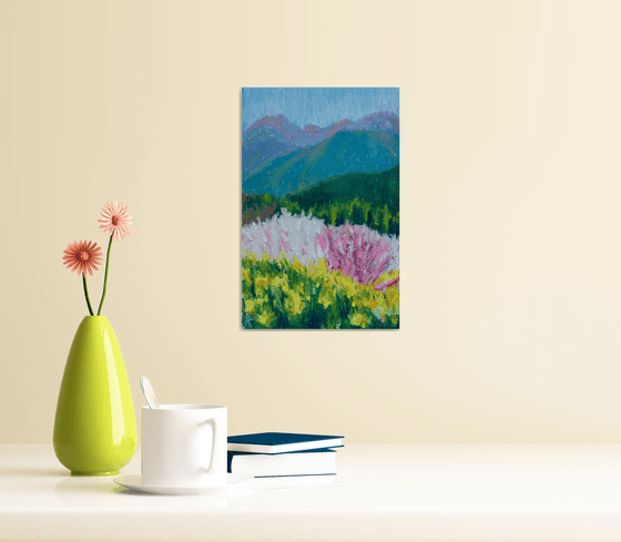 Mountain Original Painting, Flower Oil Pastel Drawing, Sunny Landscape Artwork, Nature Wall Art