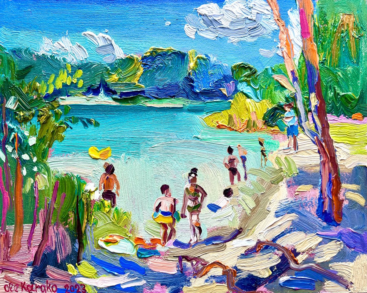 Impressionistic Landscape Oil Painting By Ole Karako, 12 X 9", Blue Lake, Original Artwork