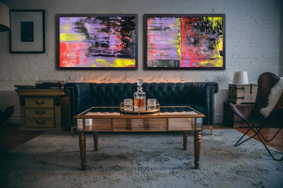 "We Want It All" - FREE USA SHIPPING - Original PMS Abstract Diptych Acrylic Paintings On Plexiglass, Framed - 76" x 26"