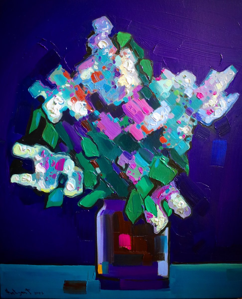 Impressionistic Still Life Oil Painting By Tigran Avetyan, 18 X 22", Lilacs, Original Artwork