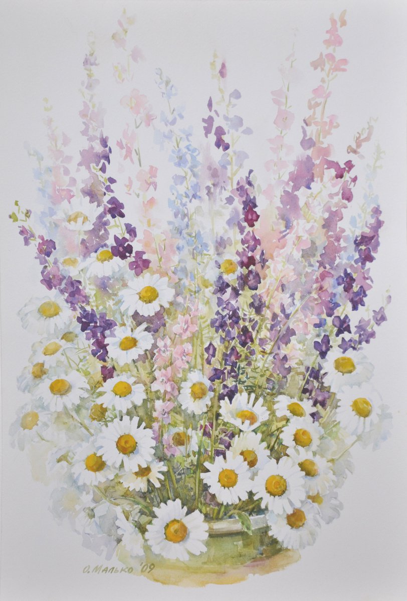 Happy birthday! Daisies with colorful delphiniums / Summer bouquet Floral watercolor by Olha Malko