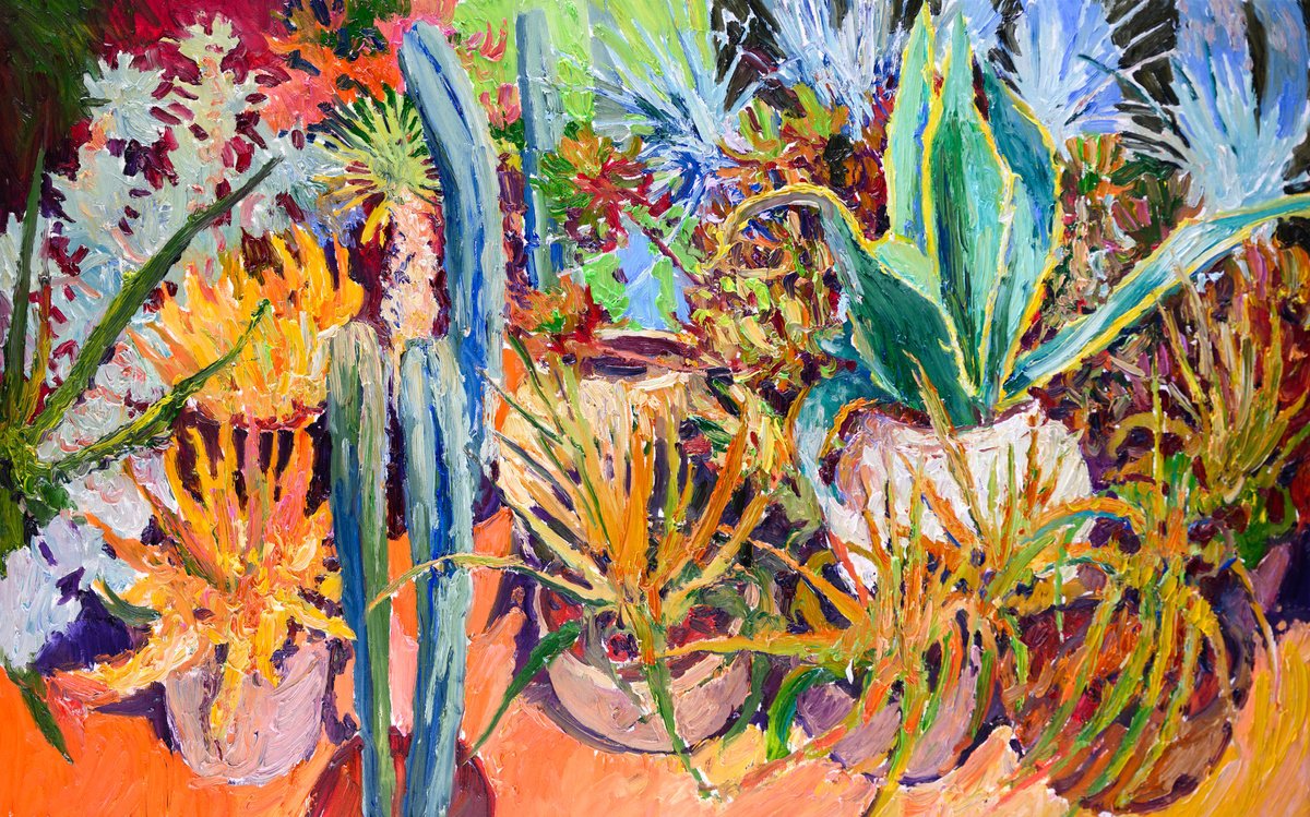 Expressive Botanical Oil Painting By Suren Nersisyan, 48 X 30", Succulents And Cactuses, Original Artwork
