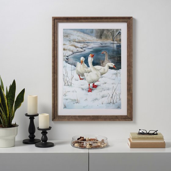 Gaggle of Geese  - Geese by the winter river -  Geese in the Snow - Christmas gift