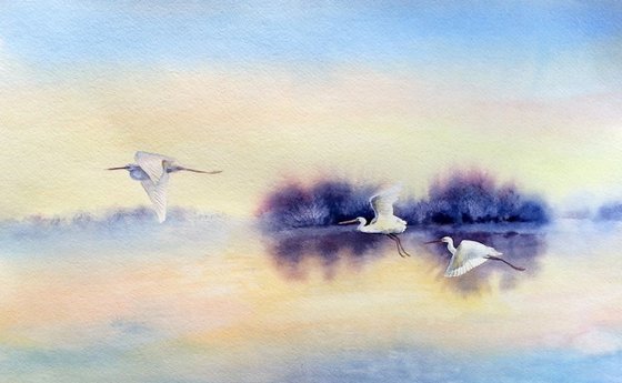 "Serenity", lake, dawn, flying egrets, sunrise, original watercolor landscape