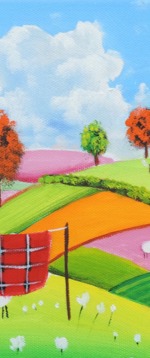 Sheep and a washing line patchwork fields 8" x 8" by Gordon Bruce
