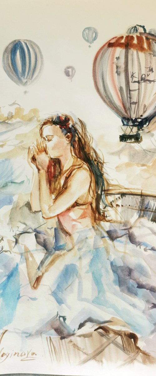 Balloons girl art, Watercolor Wall Decor, Cappadocia Landscape by Annet Loginova