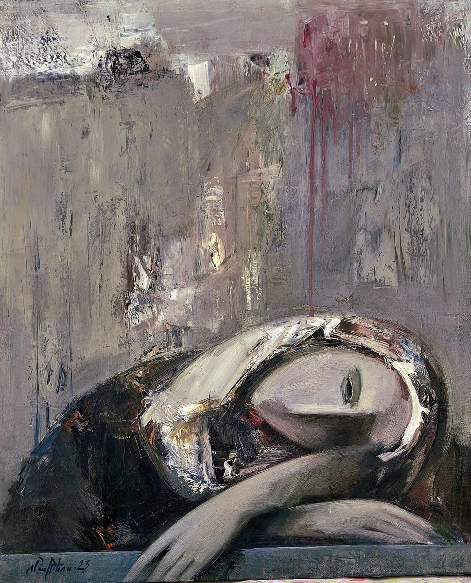 Abstract Portrait Oil Painting By Matevos Sargsyan, 20 X 24", The Weight Of Waiting, Original Artwork