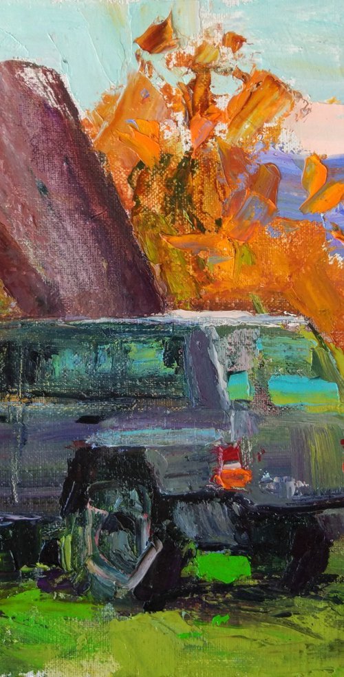 Landscape with car . Mountains by Helen Shukina