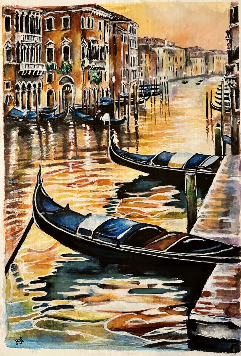 Impressionistic Cityscapes Painting By Misty Lady - M. Nierobisz, 13 X 19", Venice At Sunset, Original Artwork