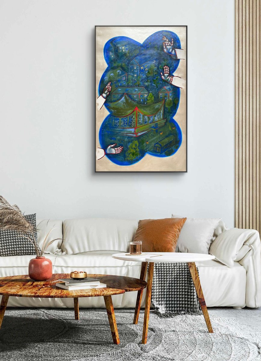 Urban And Pop Cityscapes Acrylic Painting By Yuliia Chaika, 24 X 38", Cityscape Of Kyiv, Original Artwork