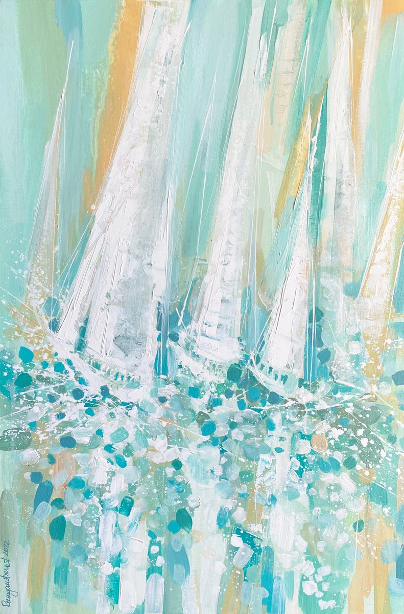 Expressive Landscape Acrylic Painting By Irina Rumyantseva, 20 X 30, Sailing Yachts - Rogue Waves, Original Artwork