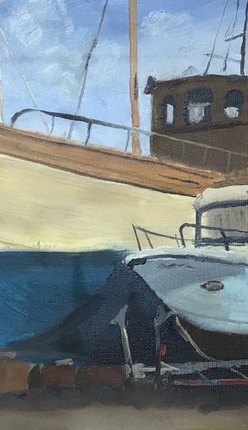 Boats at Blackshore, near Southwold. An original oil painting by Julian Lovegrove Art