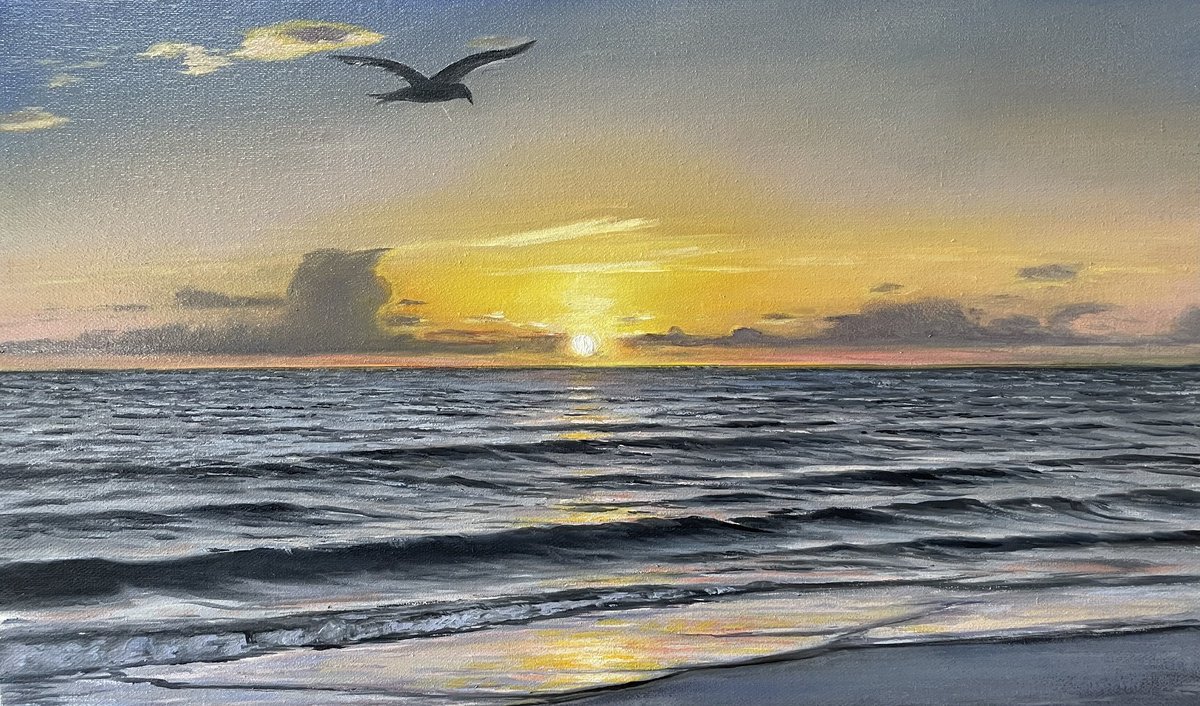 Photorealistic Landscape Oil Painting By Aflatun Israilov, 20 X 12, Ocean Sunset Wings Of Freedom, Original Artwork