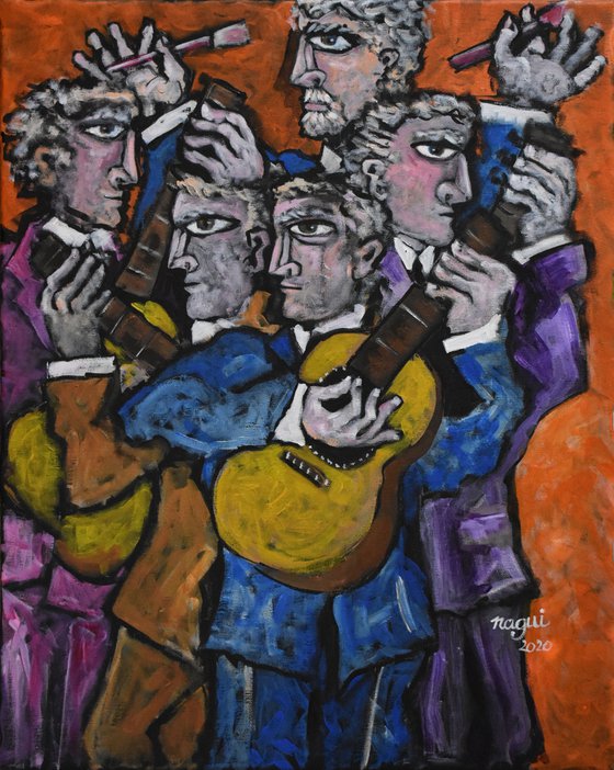 Four Guitarists conducted by a painter