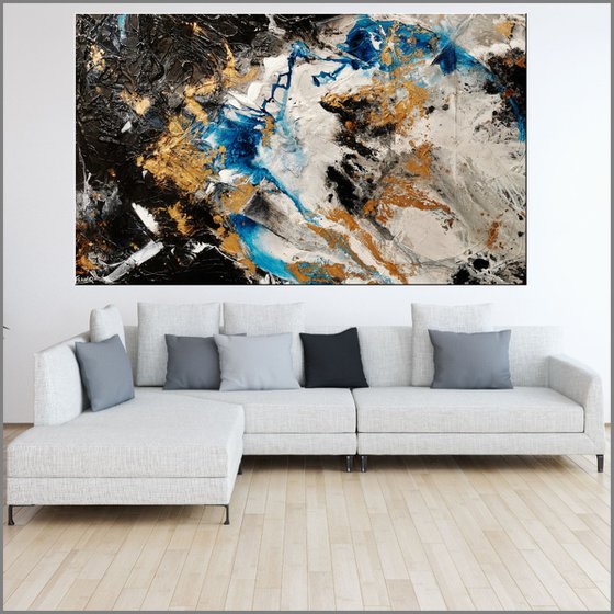 Golden Cobalt 250cm x 120cm Blue White Black Gold Abstract Art