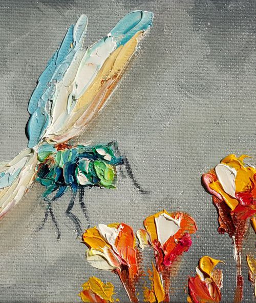 It is a wonderfull day - Oil painting, life of insect, dragonfly art, canvas painting, impressionism, palette knife by Anastasia Kozorez